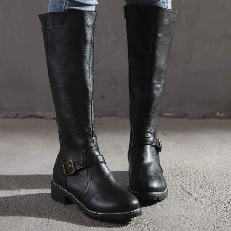Black Women's Buckle Strap Knee-High Boots with Low Block Heel - Photo 2