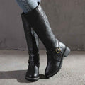 Black Women's Buckle Strap Knee-High Boots with Low Block Heel - Photo 8
