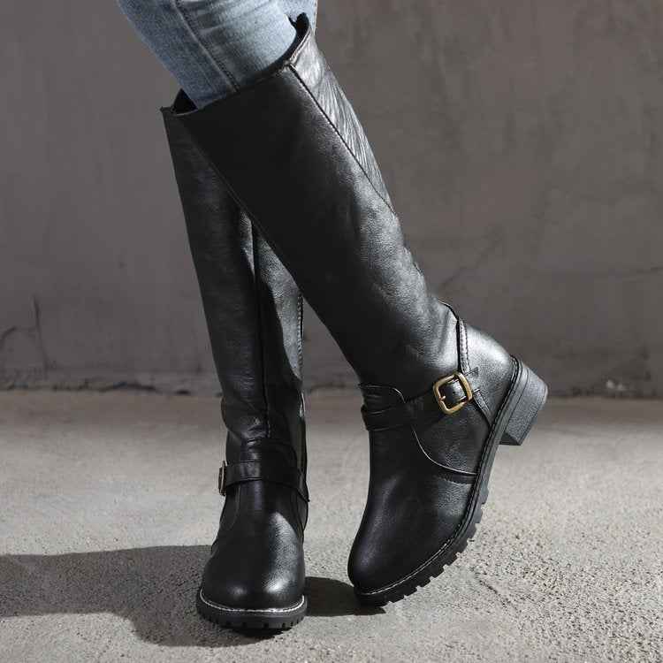 Black Women's Buckle Strap Knee-High Boots with Low Block Heel - Photo 8