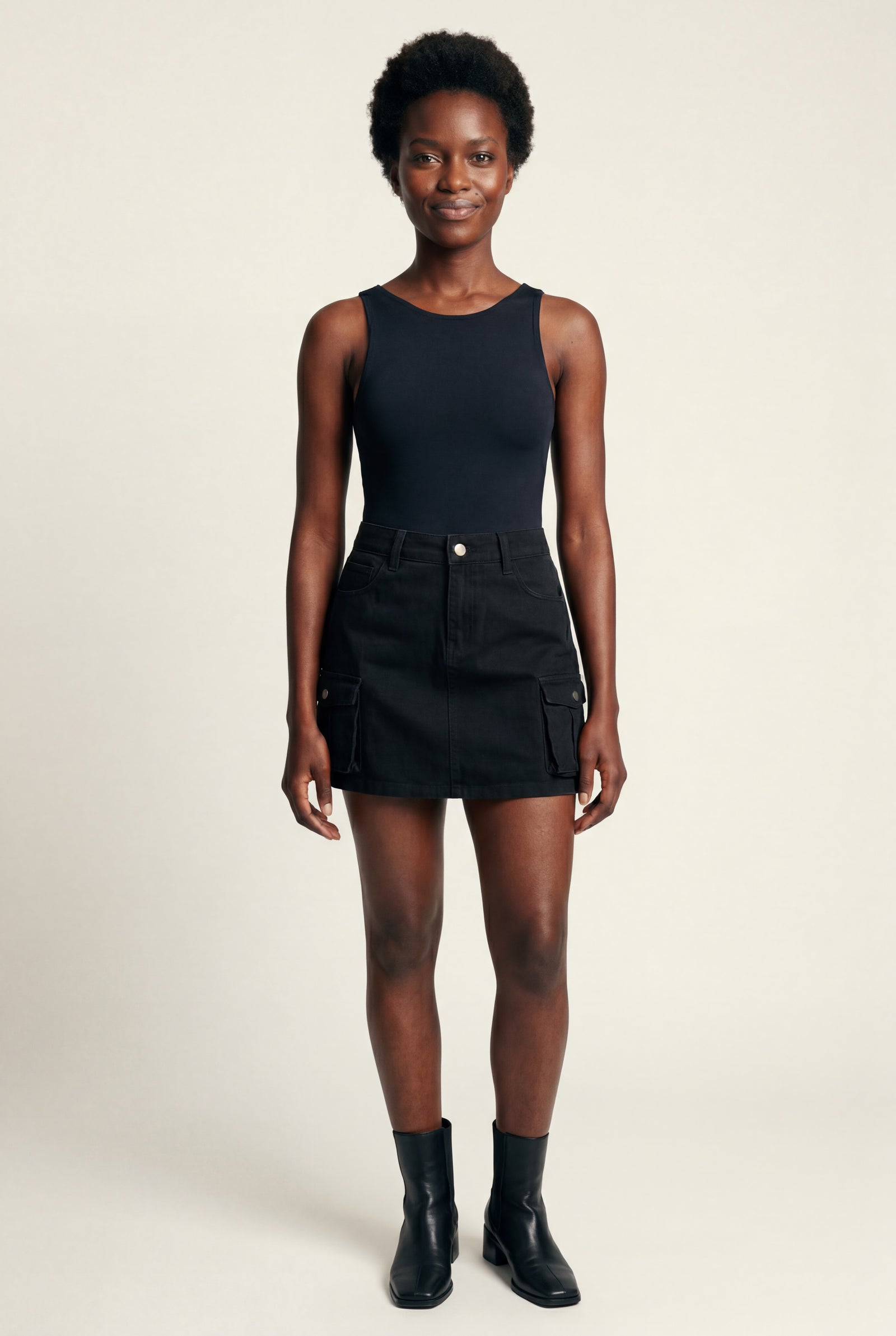 Black Women's Cargo Pocket A-Line Mini Skirt with Flap Details - Cargo mini skirt - Photo 3