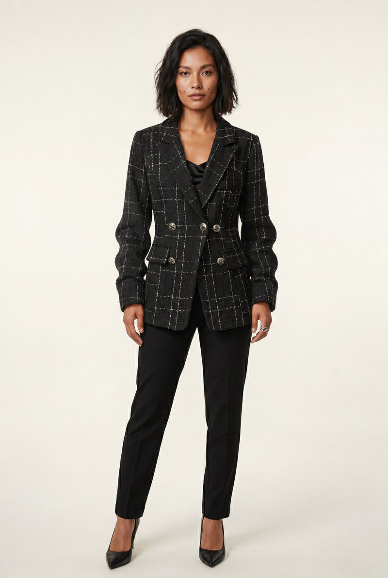 Black Women's Double-Breasted Checked Tailored Blazer - Checked blazer - Photo 1