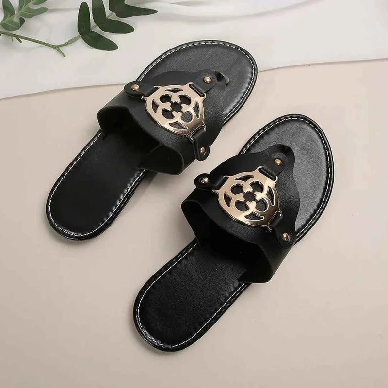 Black Women's Gold Emblem Black Thong Sandals - Photo 2
