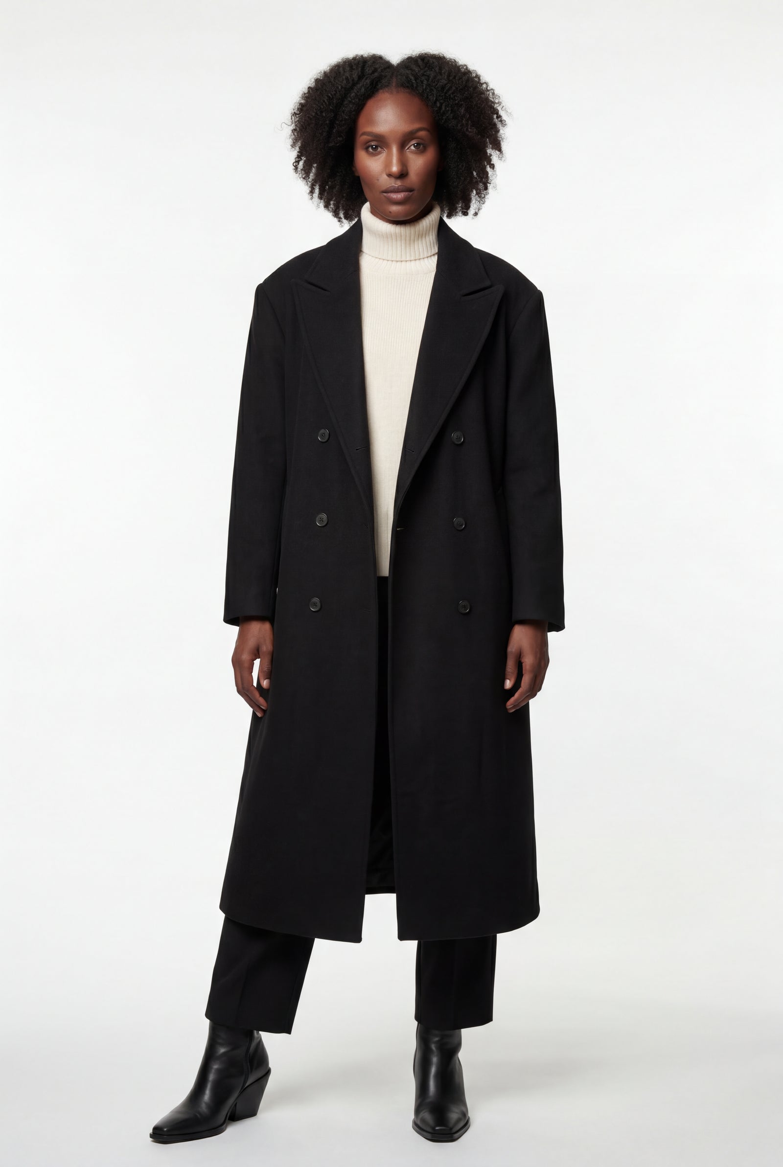 Black Women's Oversized Double-Breasted Long Coat with Lapel - Oversized coats - Photo 12