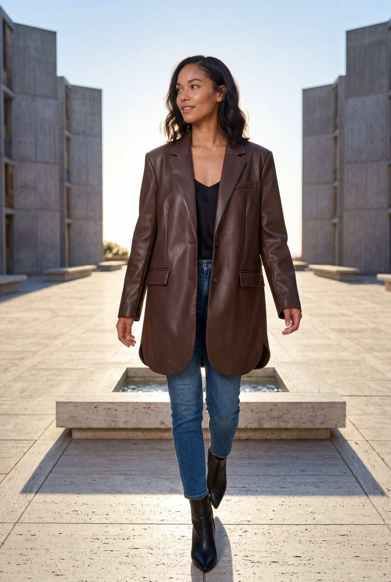 Dark Brown Women's Oversized Notched Lapel Faux Blazer - Blazers - Photo 4