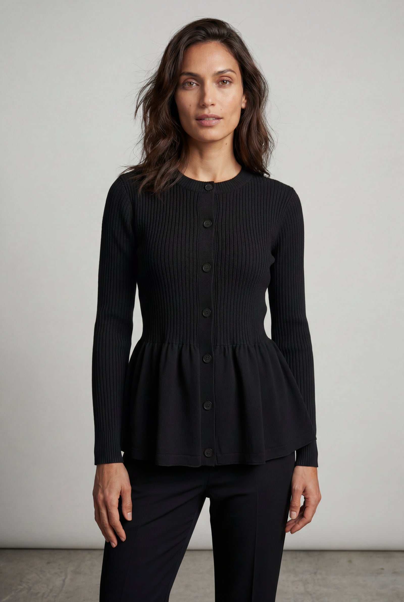 Black Women's Ribbed Button-Front Peplum Cardigan - Cardigans - Photo 4