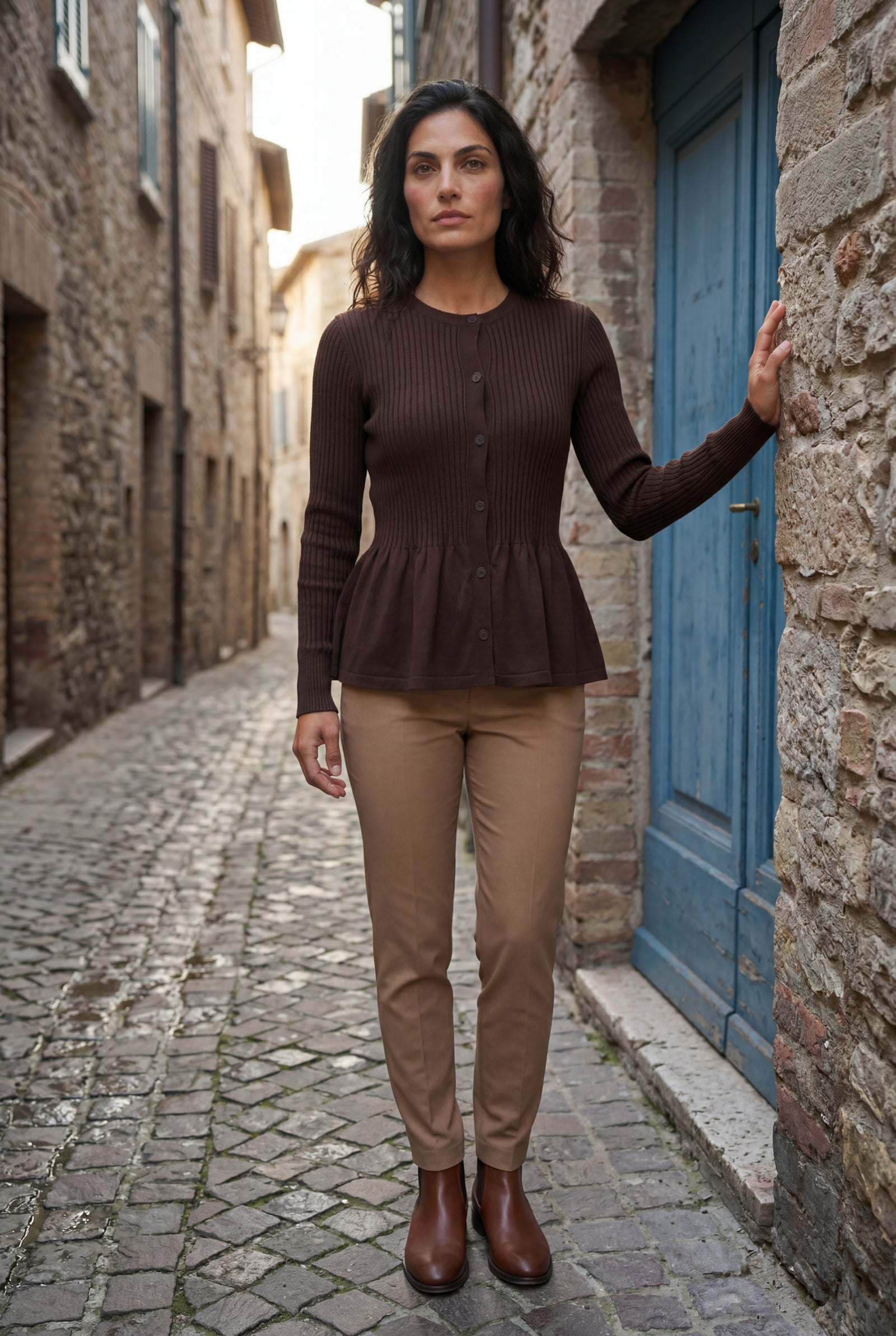 Dark Brown Women's Ribbed Button-Front Peplum Cardigan - Cardigans - Photo 5