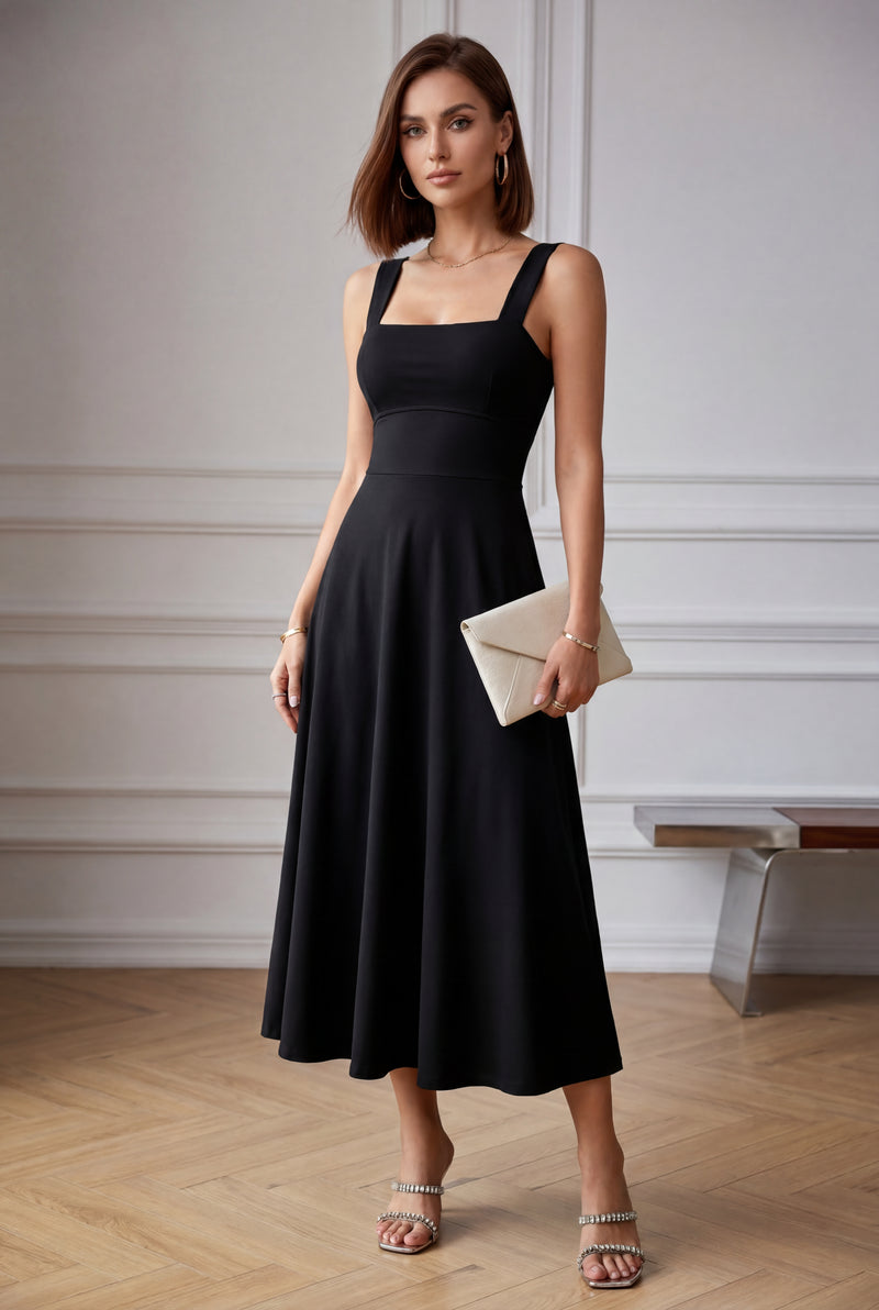 Black Women's Square Neck Sleeveless A-Line Midi Dress - Photo 2
