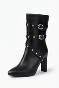 Black Women's Studded Buckle Strap Pointed Toe Ankle Boots - Photo 1