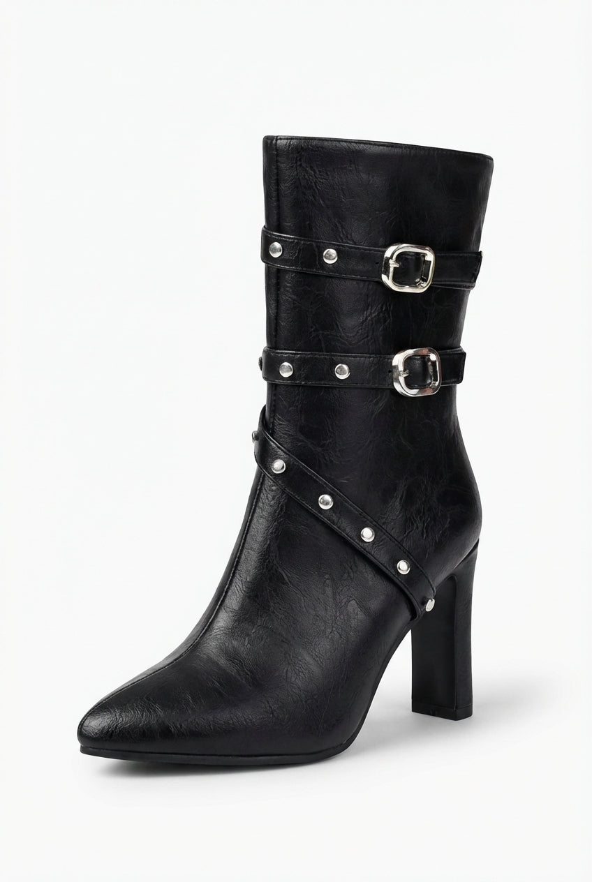 Black Women's Studded Buckle Strap Pointed Toe Ankle Boots - Photo 1