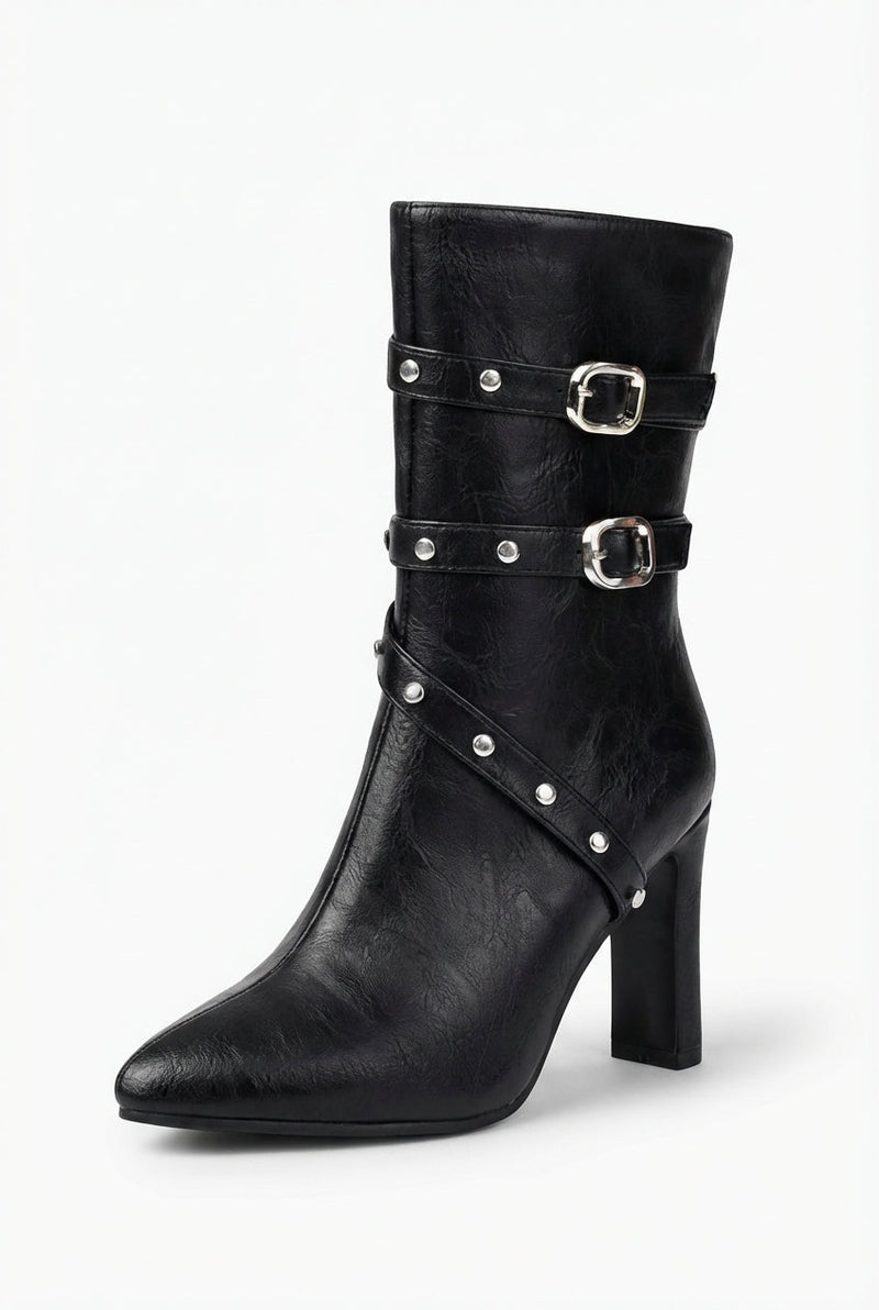 Black Women's Studded Buckle Strap Pointed Toe Ankle Boots - Photo 1