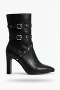 Black Women's Studded Buckle Strap Pointed Toe Ankle Boots - Photo 2