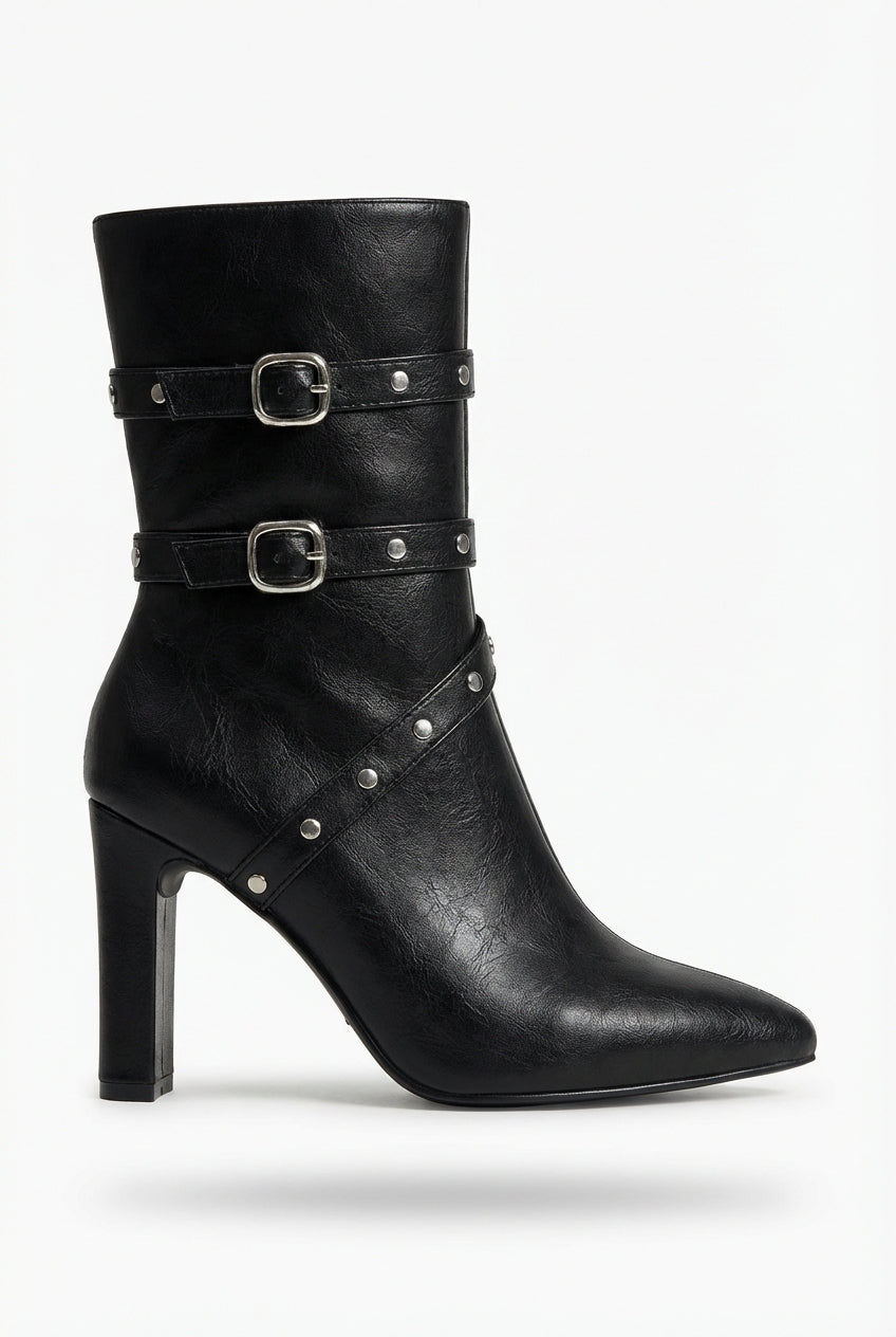 Black Women's Studded Buckle Strap Pointed Toe Ankle Boots - Photo 2