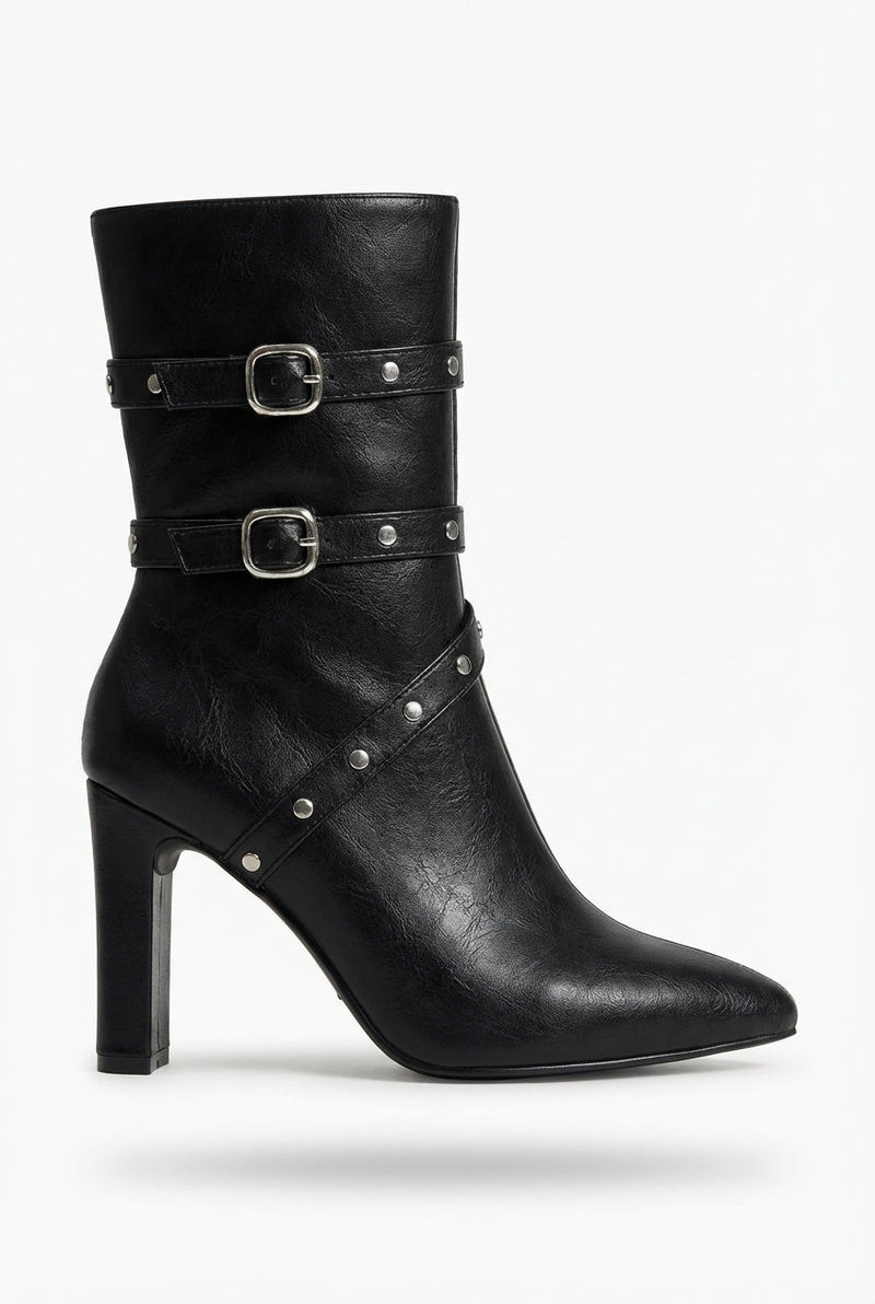 Black Women's Studded Buckle Strap Pointed Toe Ankle Boots - Photo 2