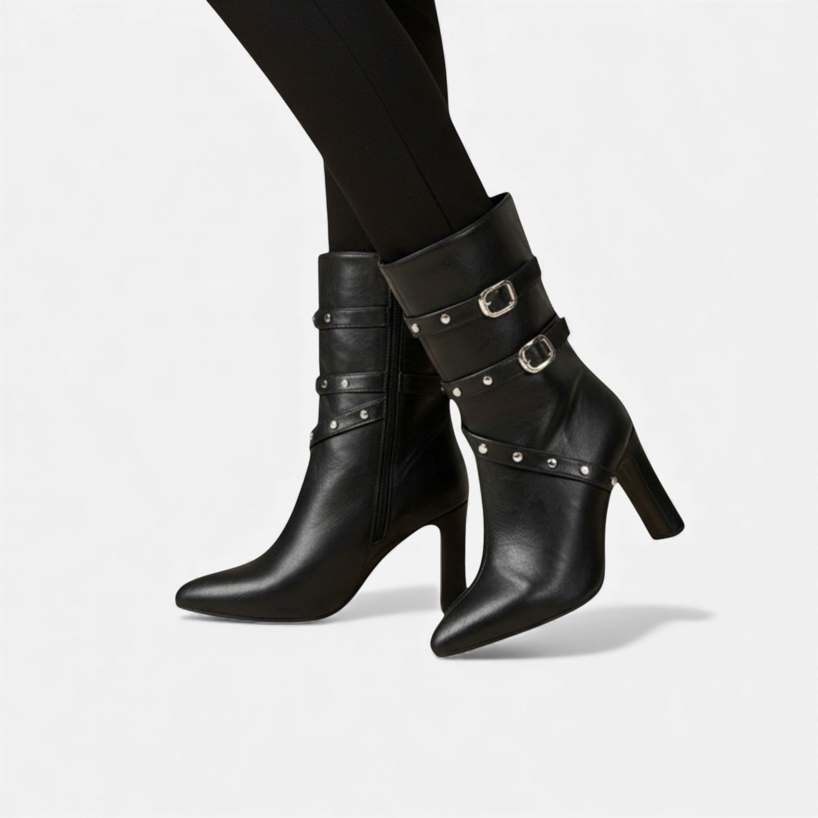Black Women's Studded Buckle Strap Pointed Toe Ankle Boots - Photo 5