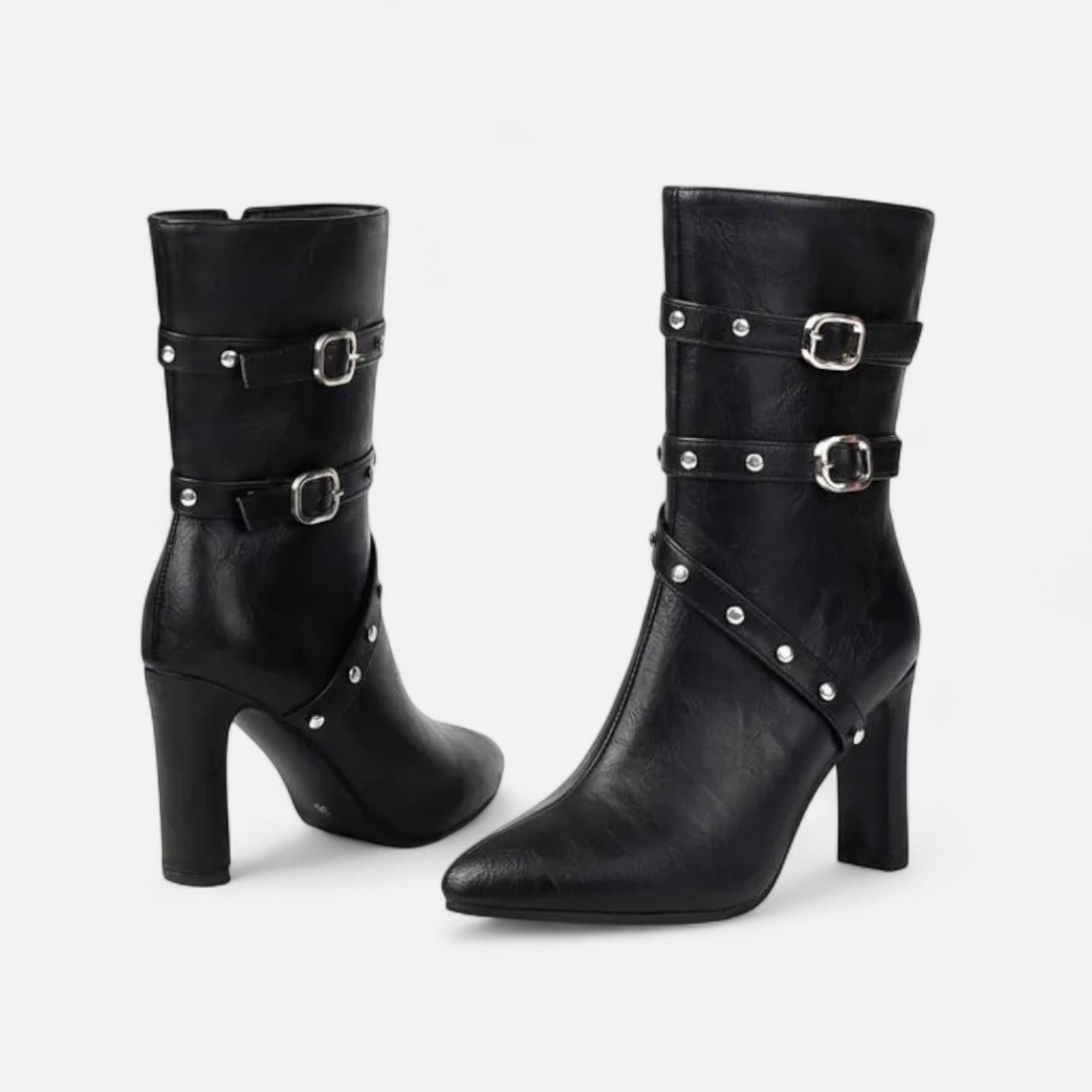 Black Women's Studded Buckle Strap Pointed Toe Ankle Boots - Photo 6