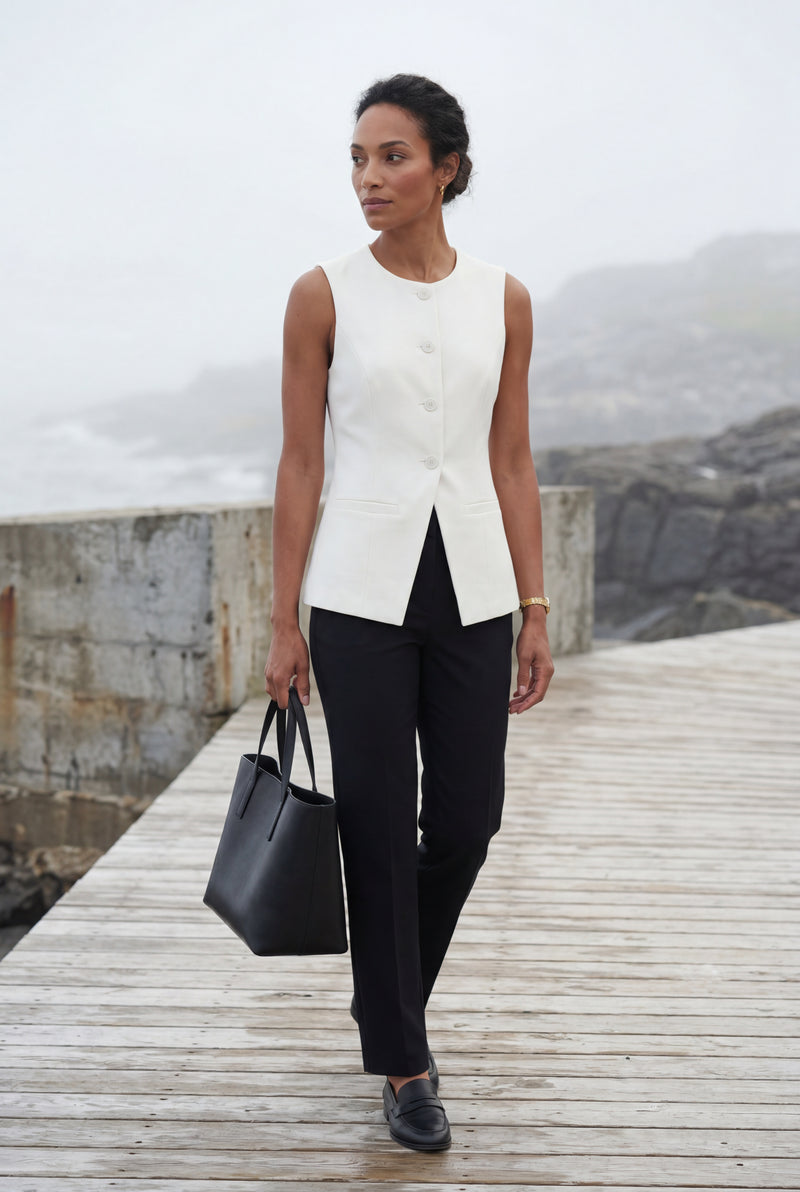 White Women's Tailored Button-Front Sleeveless Tank Top - Tank tops - Photo 2