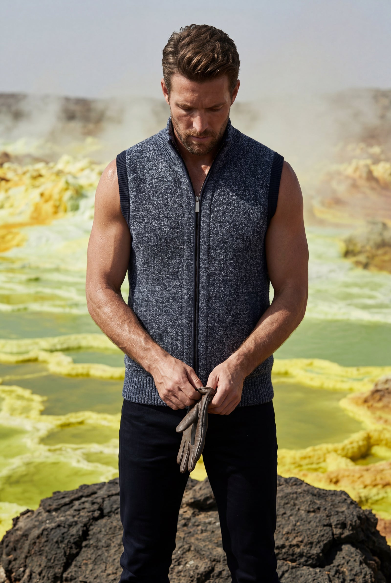 Blue Zip-front Colorblock Knitted Vest with Stand Collar - Knitted vests - Photo 16