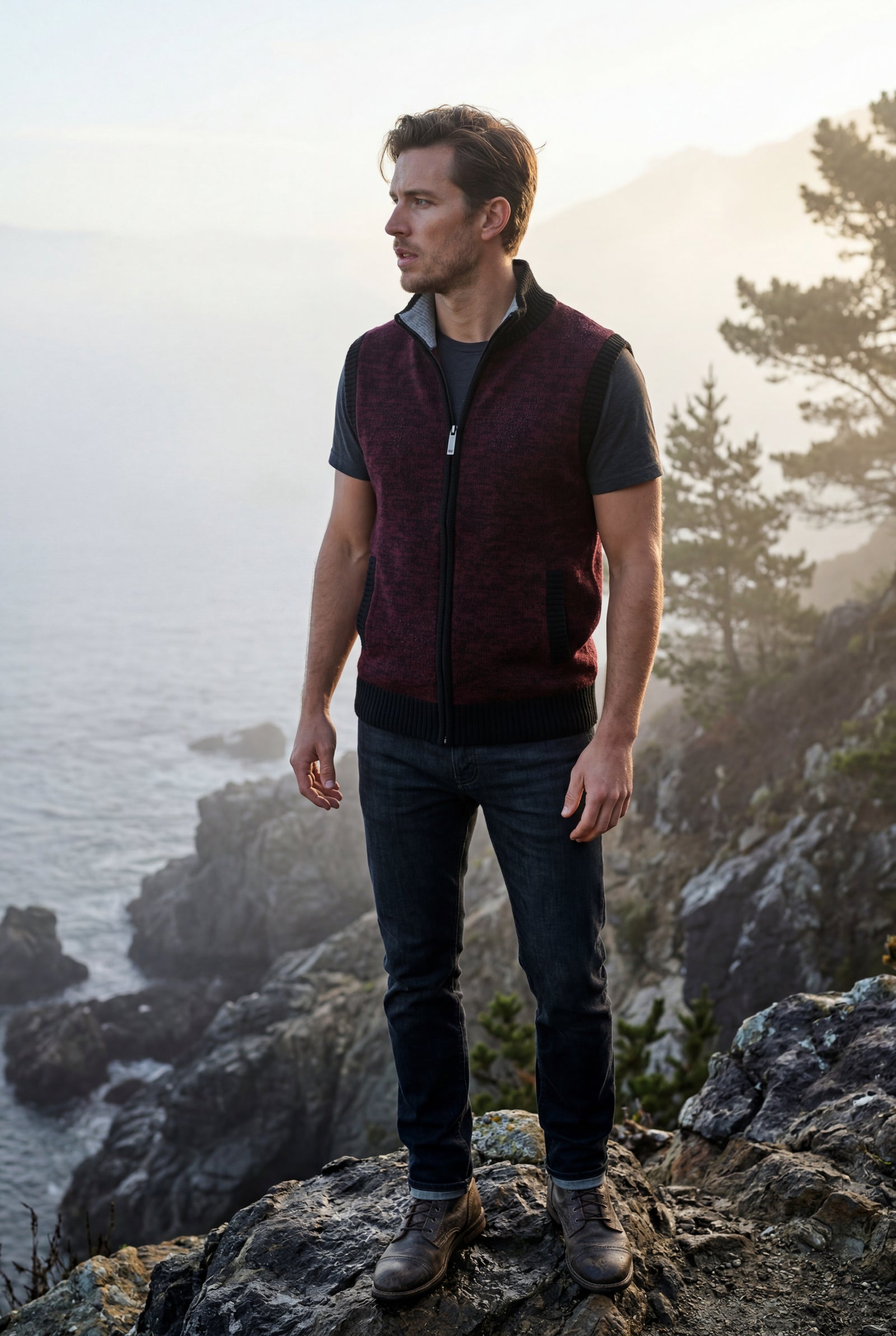 Burgundy Zip-front Colorblock Knitted Vest with Stand Collar - Knitted vests - Photo 18