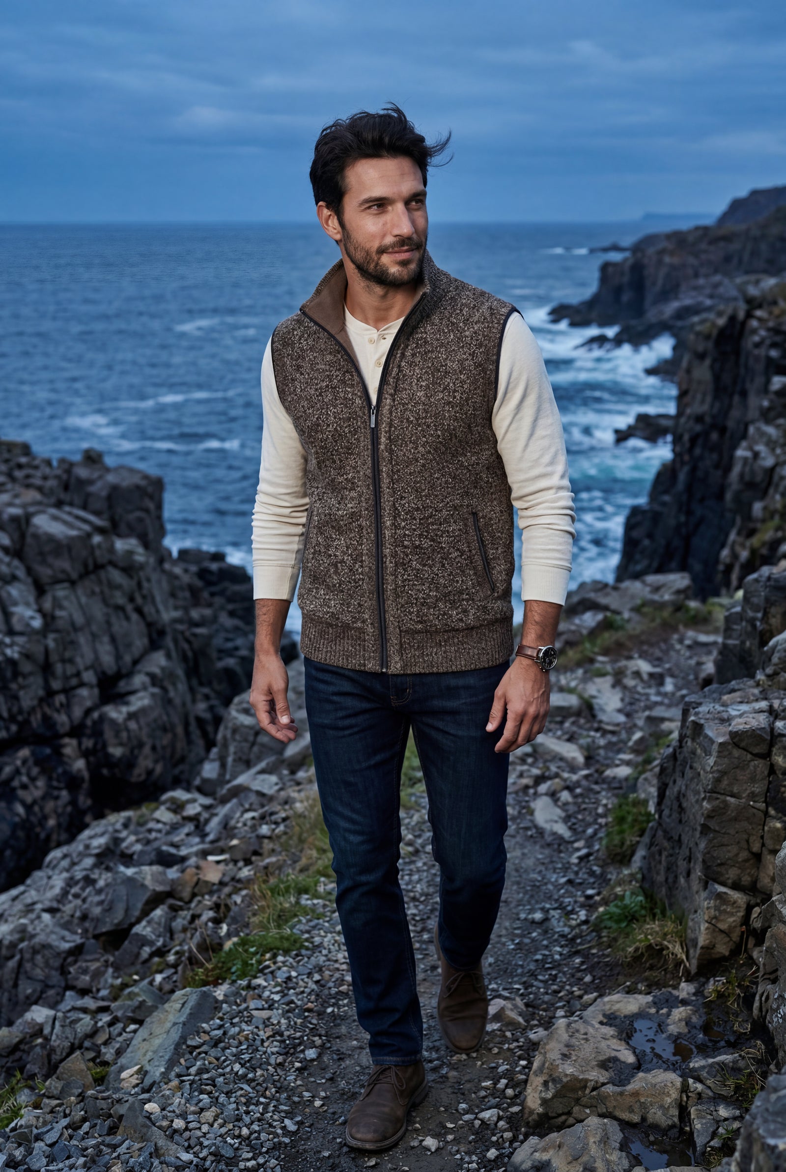 Brown Zip-front Colorblock Knitted Vest with Stand Collar - Knitted vests - Photo 5