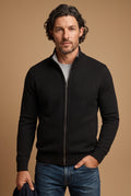 Zip-Front Knit Cardigan in Black — studio front