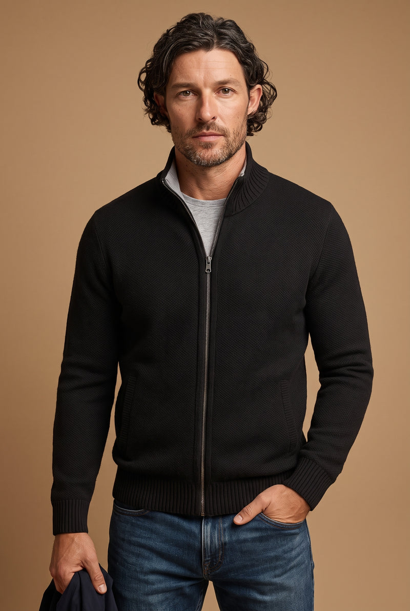 Zip-Front Knit Cardigan in Black — studio front