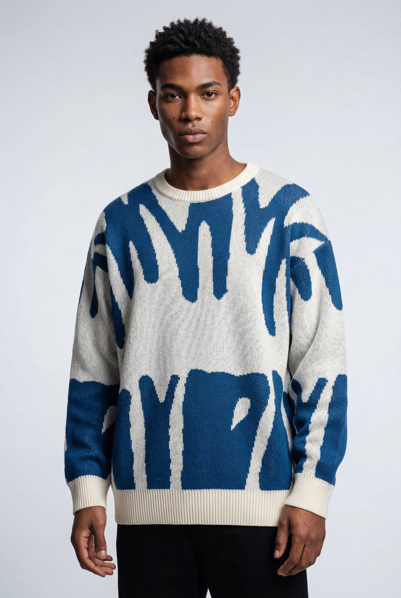 Blue Abstract Intarsia Relaxed Crew Neck Jumper - Knitted jumper - Photo 4