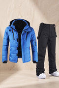 Insulated Snow Suit with Hood in Blue and Black — studio front