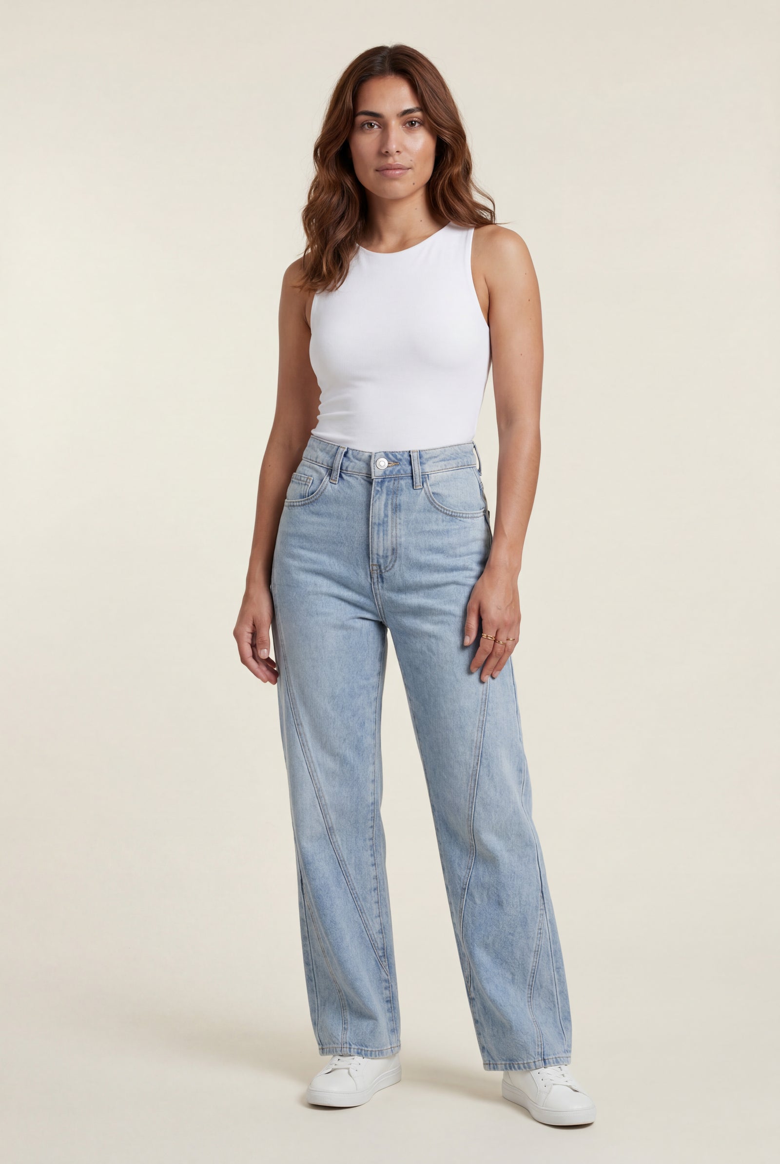 Blue Angled Seam High Waist Straight Leg Jeans Light Blue - Photo 1