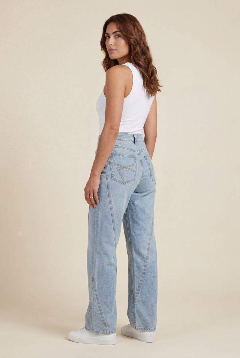Blue Angled Seam High Waist Straight Leg Jeans Light Blue - Photo 2