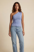 Blue Asymmetrical One Shoulder Draped Top with Single Sleeve - One shoulder top - Photo 16