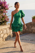 Green Asymmetrical One-shoulder Mini Dress with 3d Rosette Hem - Cocktail dress - Photo 14
