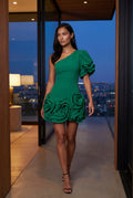 Green Asymmetrical One-shoulder Mini Dress with 3d Rosette Hem - Cocktail dress - Photo 16