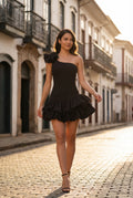 Black Asymmetrical One-shoulder Mini Dress with 3d Rosette Hem - Cocktail dress - Photo 6