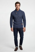 Blue Basketweave Shawl Collar Sweater with Button Detail - Knit sweaters - Photo 8