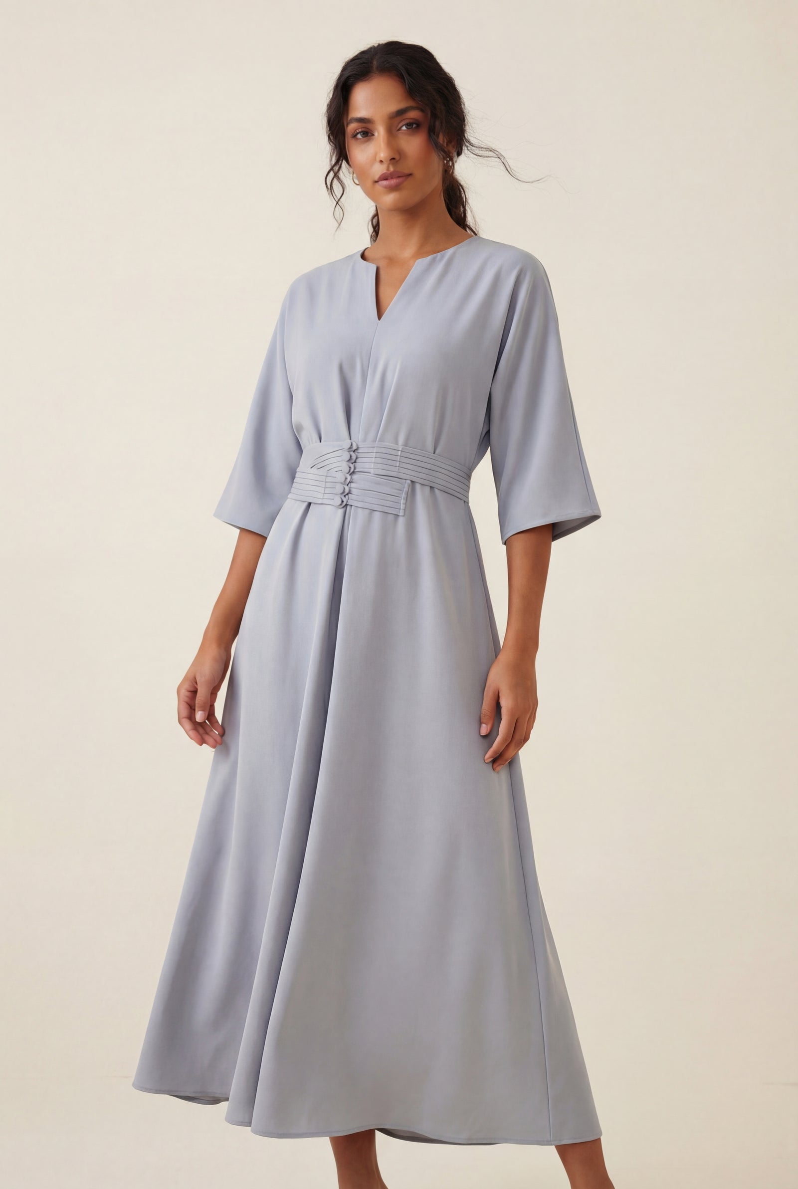 Blue Belted Bell Sleeve Midi Maxi Dress with Notched V-neck - Photo 13