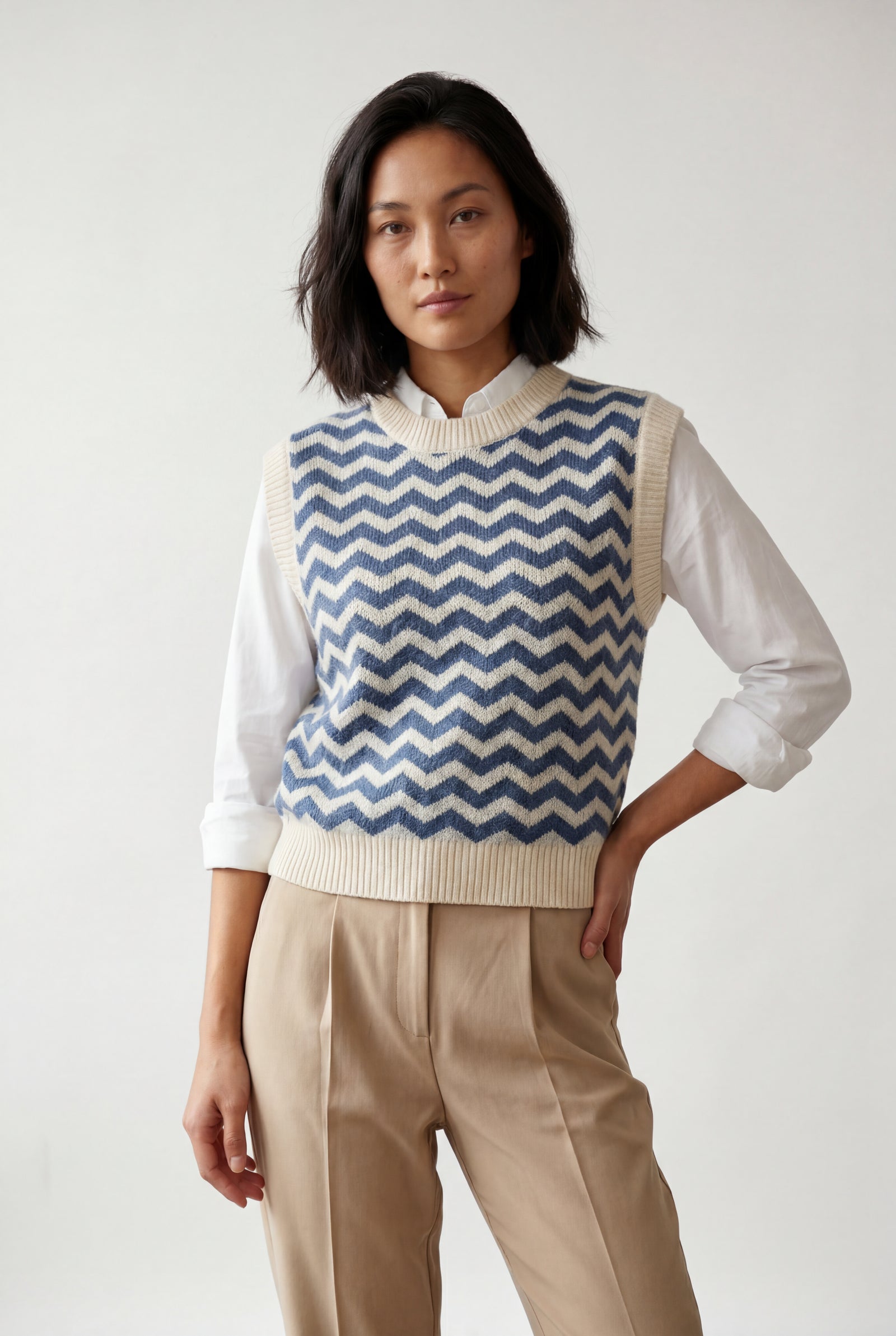Blue Blue Chevron Cropped Sweater Vest with Ribbed Crew Neck - Women's waistcoats - Photo 1