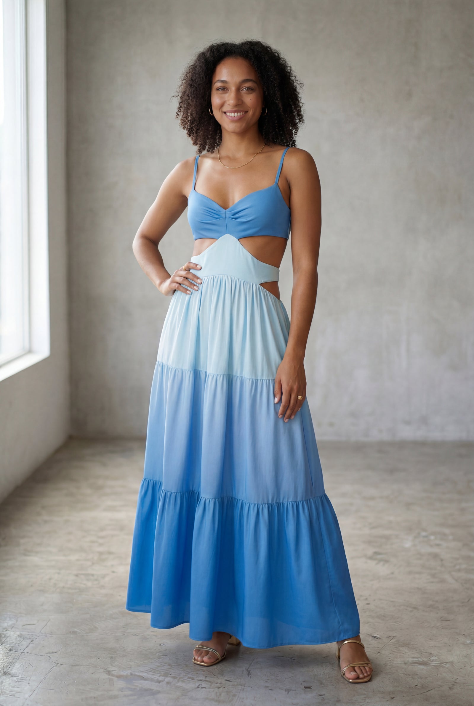 Blue Blue Ombre Cutout Tiered Maxi Dress with Ruched Bust - Photo 3