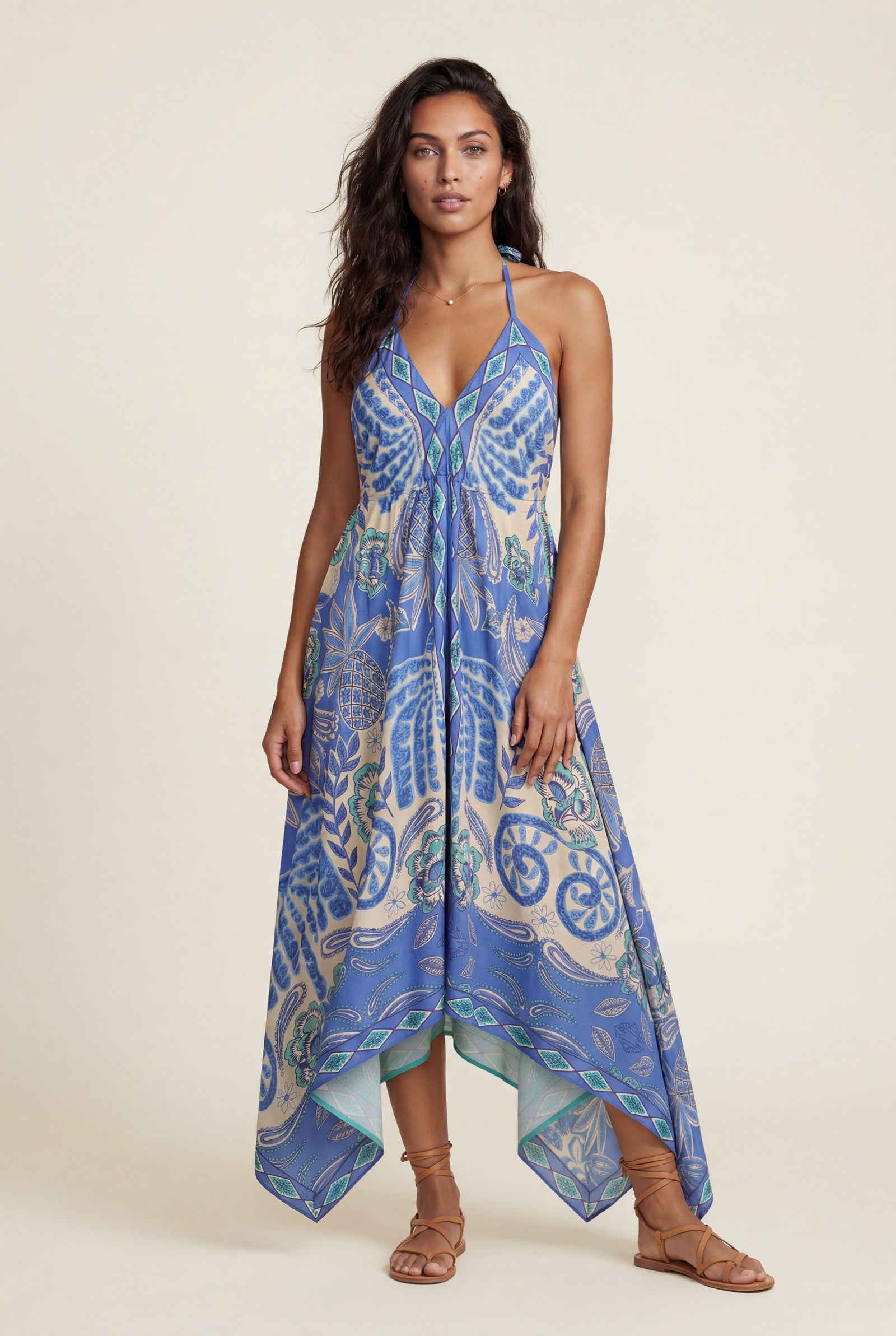 Blue Boho Handkerchief Hem Halter Maxi Dress with Open Back - Photo 4