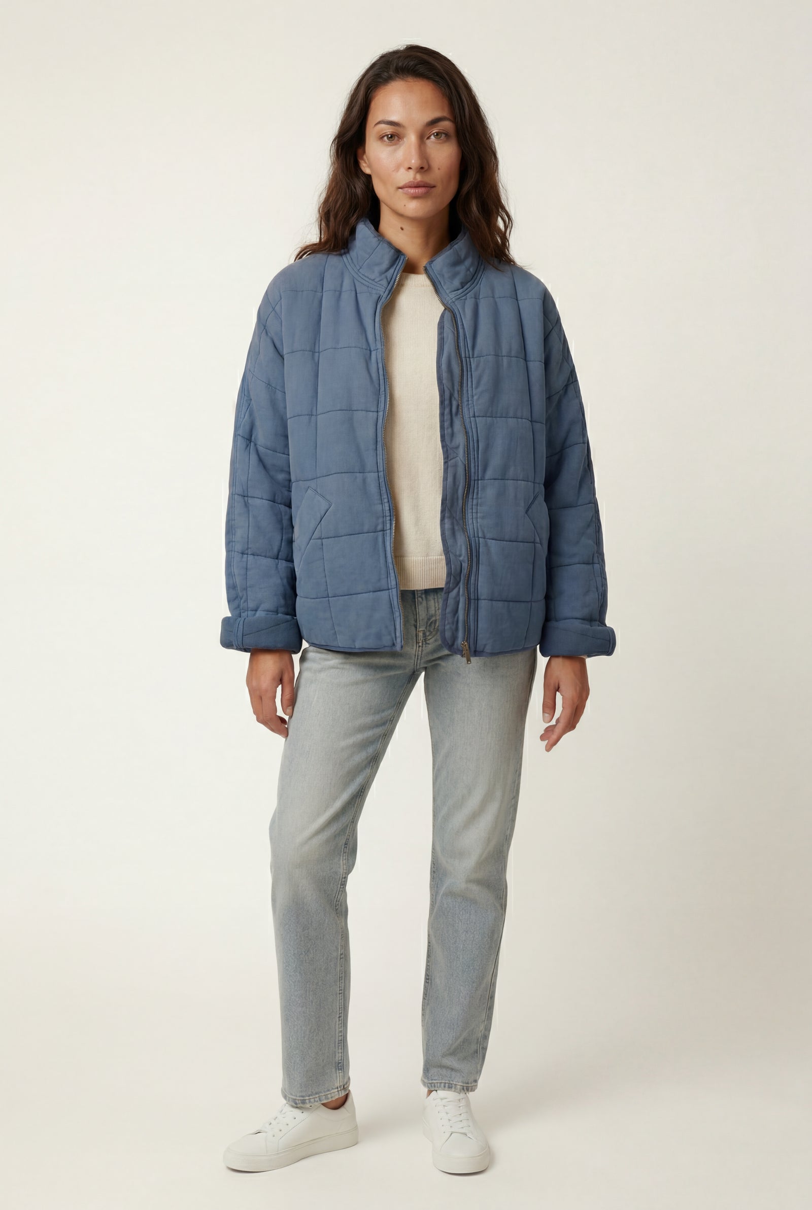Blue Boxy Quilted Zip-front Winter Coat with Stand Collar - Photo 5