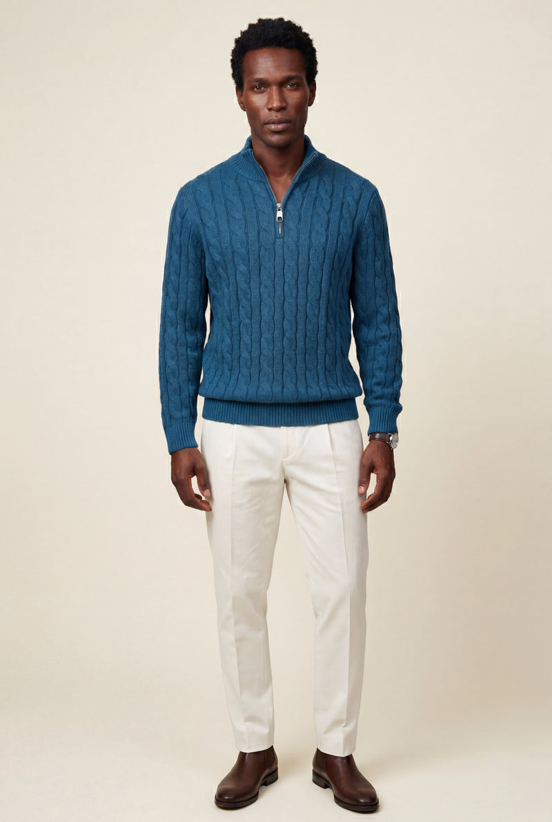 Blue Cable- Half-zip Turtleneck Sweater with Ribbed Hem - Turtleneck sweaters - Photo 3