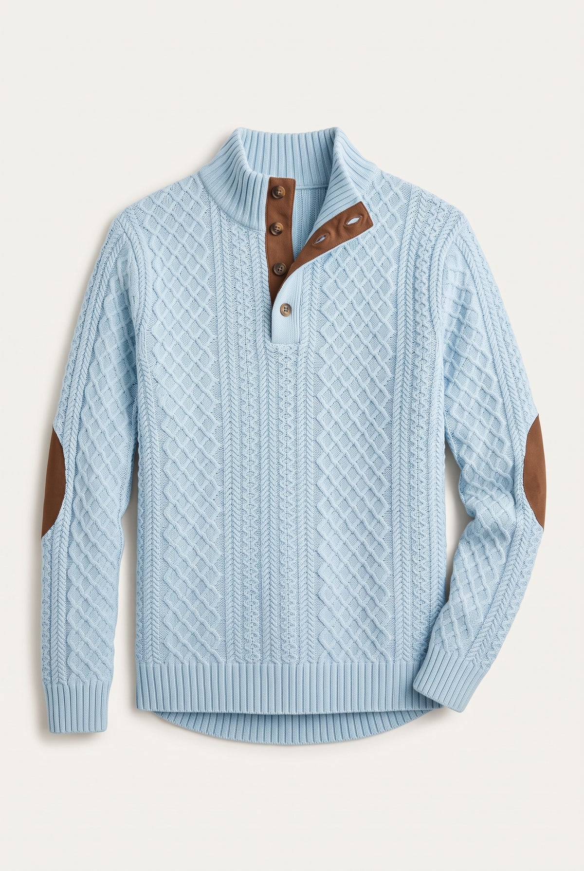 Cable Knit Quarter-Button Sweater in Blue — studio front