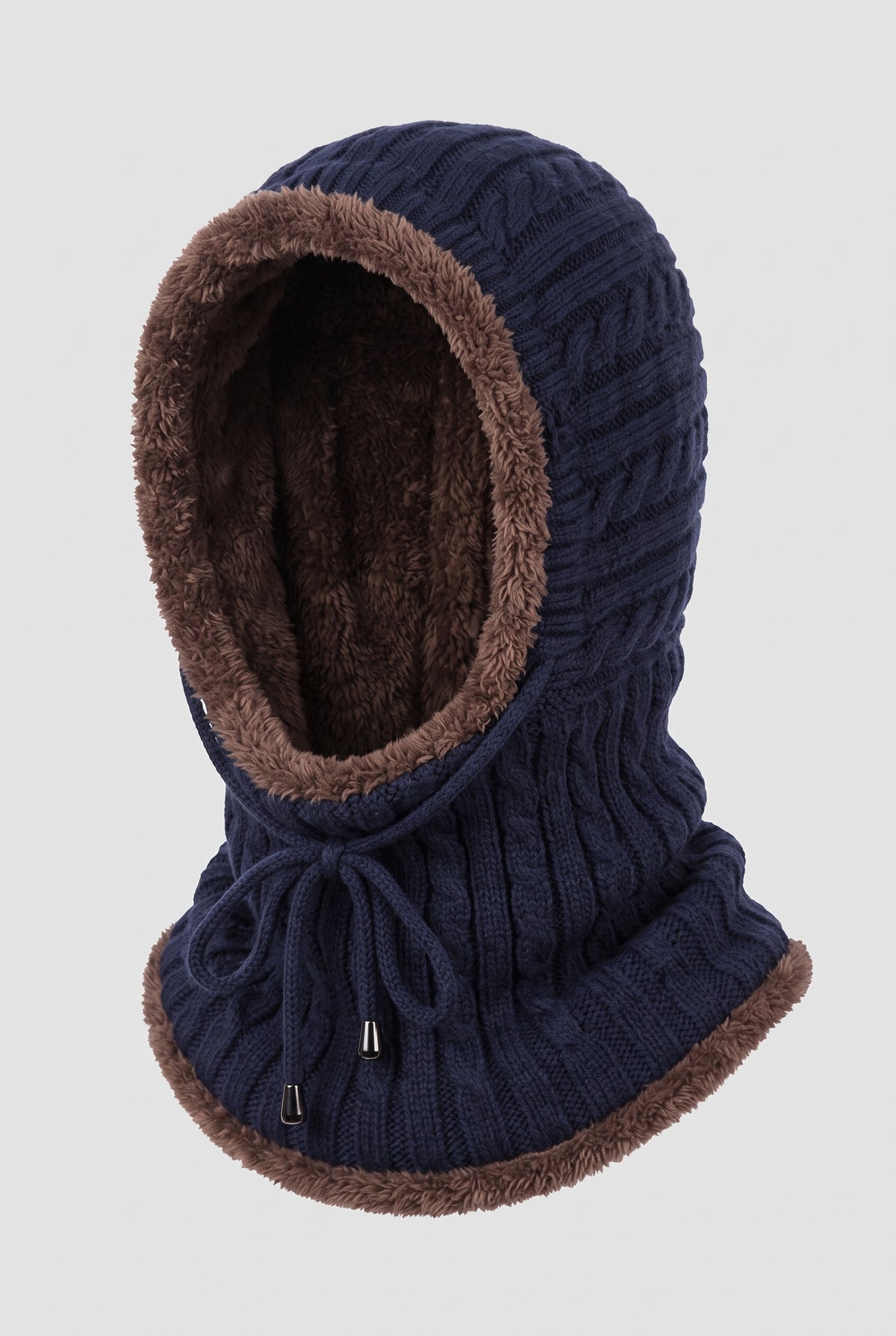 Chunky Knit Hooded Neck Warmer in Blue — studio front