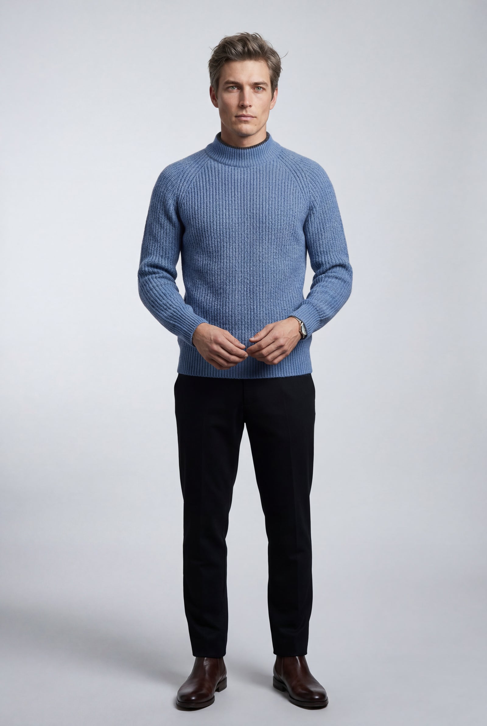 Blue Chunky Ribbed Slim Fit Crewneck Sweater - Slim fit sweater - Photo 6