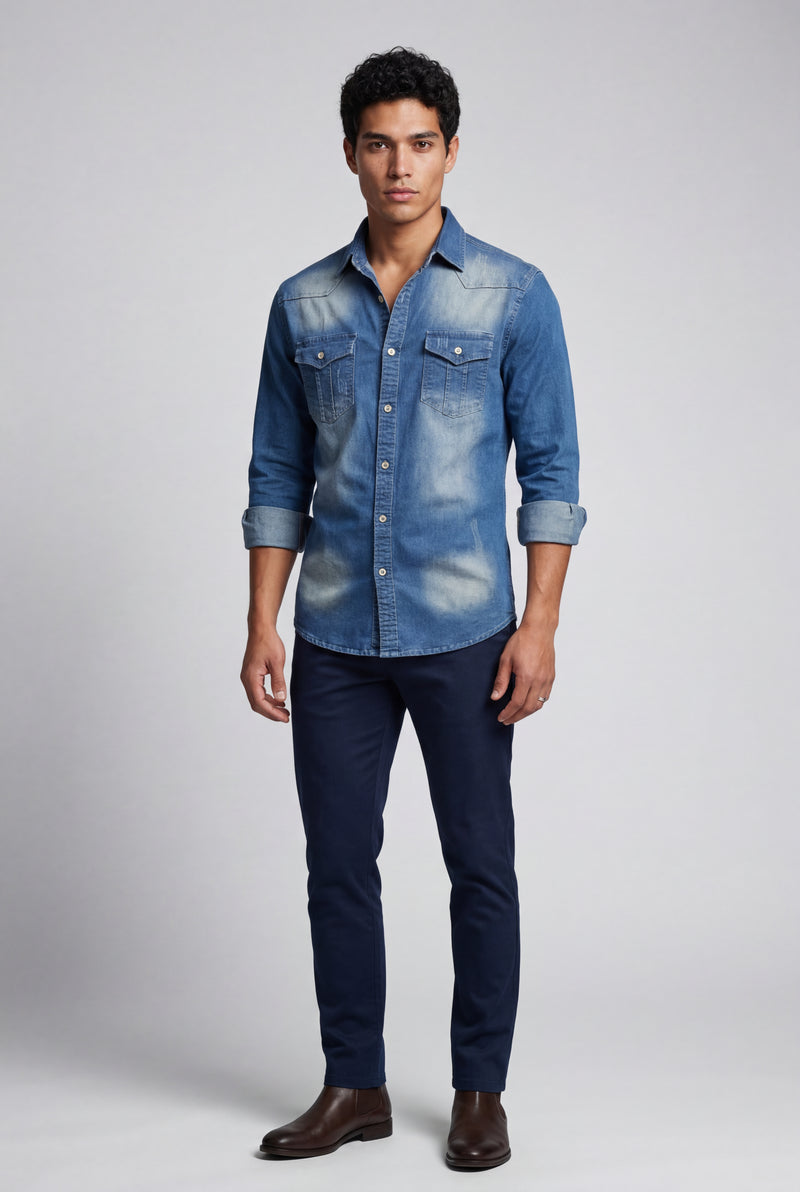 Blue Classic Button-up Shirt with Chest Flap Pockets - Denim shirt - Photo 1