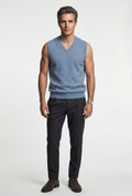 Blue Classic V-neck Sweater Vest with Ribbed Hem - Vests - Photo 14