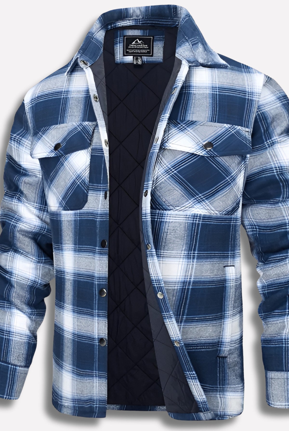Cotton Plaid Shirt Jacket in Blue — front view