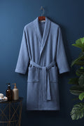 Cotton Waffle Bathrobe in Blue — studio front