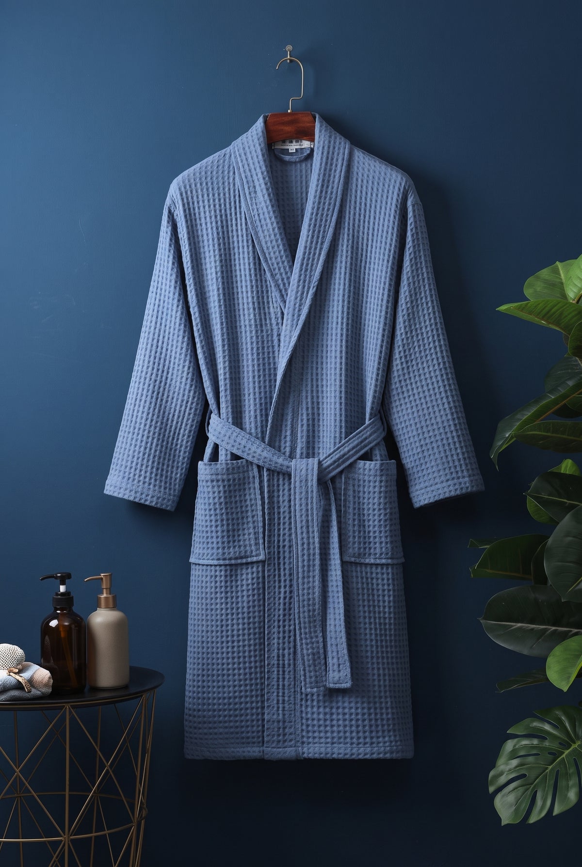 Cotton Waffle Bathrobe in Blue — studio front
