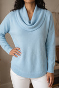 Cowl Neck Knit Sweater in Blue — studio front