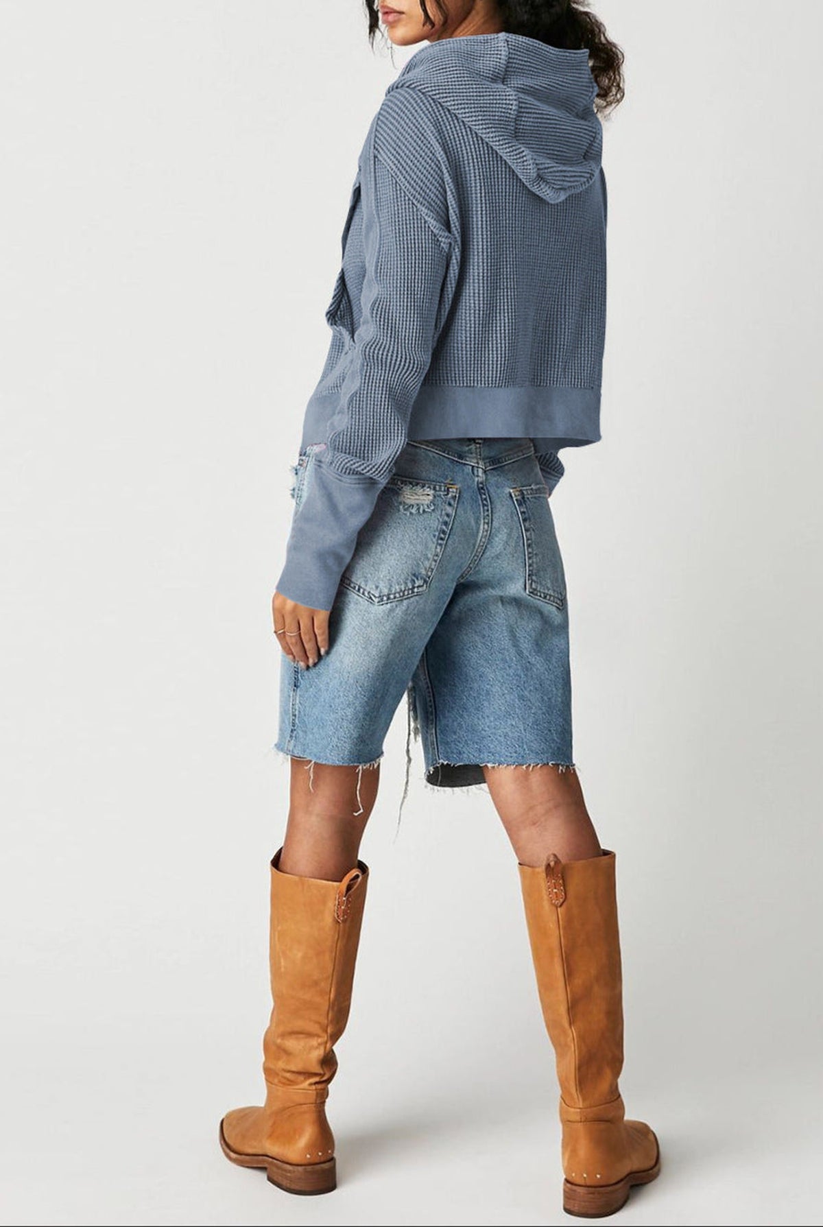Cropped Waffle Zip-Up Hoodie in Blue — back